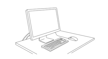 A minimalist line drawing of a computer setup on a desk, featuring a monitor, keyboard, and mouse.