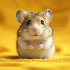 Fototapeta premium Hamster in a cage on yellow background.