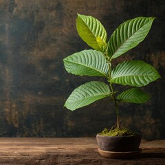 A close-up shot of a vibrant green plant flourishing in a small pot, the rich texture of the leaves and the earthy tones of the pot and background, creating a visually appealing contrast.