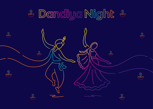 creative Navratri Graba Night poster design, Indian couple playing Garba.