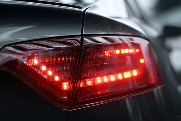 Experience the radiant glow of a modern car's illuminated LED taillight, showcasing sophisticated automotive design and cutting-edge technology in a sleek, detailed close-up.
