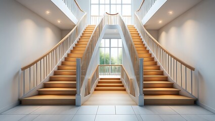 Obraz premium Symmetrical modern staircase with natural light and wooden steps