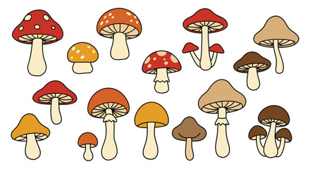 A group of colorful cartoon mushrooms in various shapes and sizes