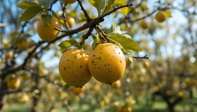 Des pommes jaunes m&ucirc;res suspendues aux branches d'un verger ensoleill&eacute;.
