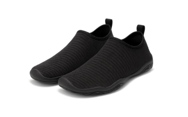 Modern black slip-on athletic shoes with textured soles and breathable knit uppers offering comfort and style for active lifestyles on transparent background
