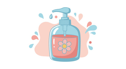 A bottle of pink liquid soap with a flower design and pump dispenser