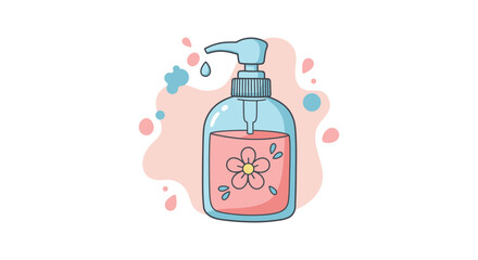 A bottle of pink liquid soap with a flower on it