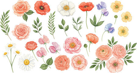 a collection of colorful flowers and leaves on a white background