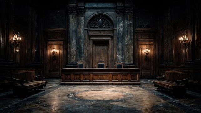Judicial bench empty courtroom silent expectation justice authority institutional power order verdict deliberation fairness legal tradition due process legitimacy guardianship rule law