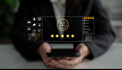 Customer feedback and satisfaction rating system showing star review, happy face, performance score, and service evaluation to improve customer experience Latch