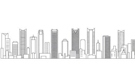 Linear illustration of a cityscape featuring various architectural structures, showcasing urban development.