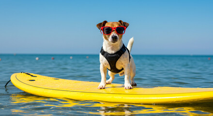 Hilarious cool Jack Russell Terrier dog wearing sunglasses surfing on a bright yellow surfboard in ocean on a sunny day for summer fun
