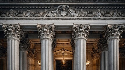 Obraz premium Judiciary building front columns symbolize strength justice legal authority tradition order ethics democracy fairness integrity legal process government law enforcement decisions