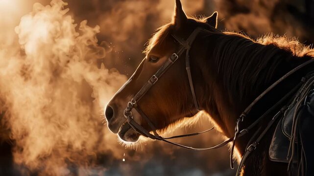 SILHOUETTE, CLOSE UP, LENS FLARE: Horse exhaling cloud of breath in cold morning. Golden rays of autumn sunrise shine around head of a saddled brown stallion as he stopped during early ride with owner