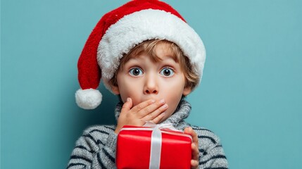 Adorable child in Santa hat looks surprised, covering mouth with hand while holding bright red Christmas gift against teal background
