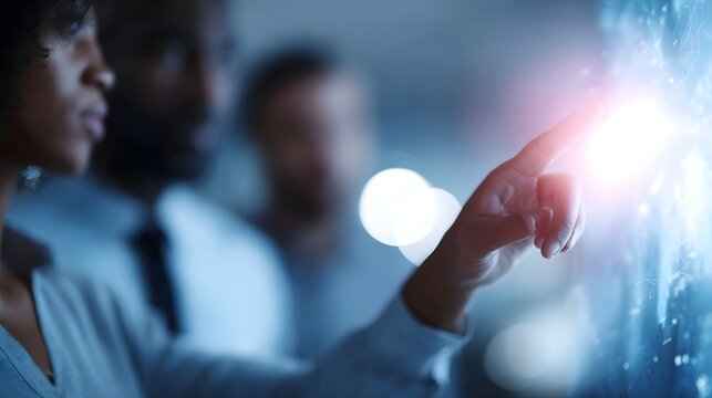 A group of people discussing a digital marketing strategy on a touchscreen display long title A diverse team of professionals collaborating on a