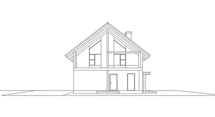 Fototapeta premium Architectural line drawing of a two-story house with a prominent A-frame roof and multiple windows, presented as an elevation view.