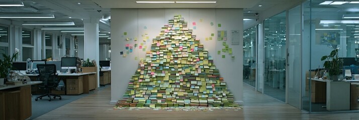 Innovative office creativity concept showcasing a massive pyramid constructed entirely from colorful sticky notes arranged meticulously in an open, modern workspace with glass partitions