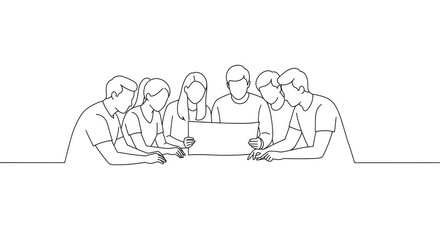 Continuous line drawing of a diverse group of six people collaborating around a table, focused on a central object, representing teamwork and discussion.