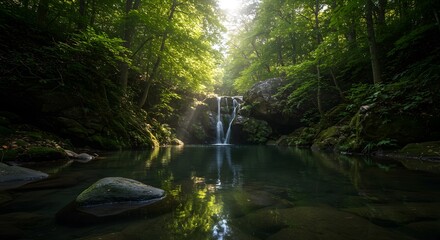 Serene Waterfall Cascading into a Tranquil Forest Pool: A Peaceful Nature Escape