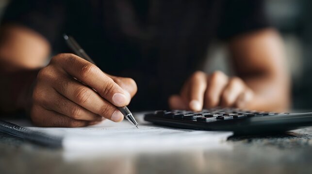 Financial planner using calculator and notepad for budget planning