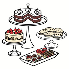 AI generated delicious best-selling dessert sweets on table, assorted cakes, pastries, donuts, macarons, cupcakes and cookies on white background, modern food illustration