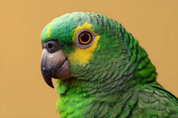 Fototapeta premium A green parrot head with yellow highlights stands against a tan background The birds eye is dark brown its beak is gray and black
