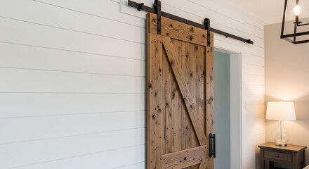Rustic wooden barn door with sleek black hardware sliding along a crisp white shiplap wall, creating a stylish and functional entrance to a modern farmhouse bedroom
