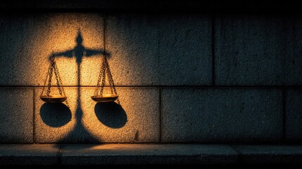 Justice scale shadow cast over courthouse wall symbolizes authority fairness ethics legal governance accountability protection responsibility law transparency order structure