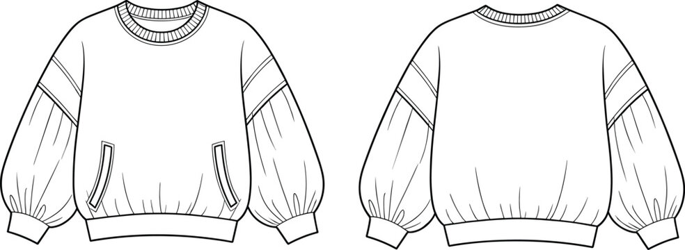 Fashion sweatshirt technical flat sketch front and back view, oversized pullover with long balloon sleeves, ribbed cuffs, hem, pockets illustration.