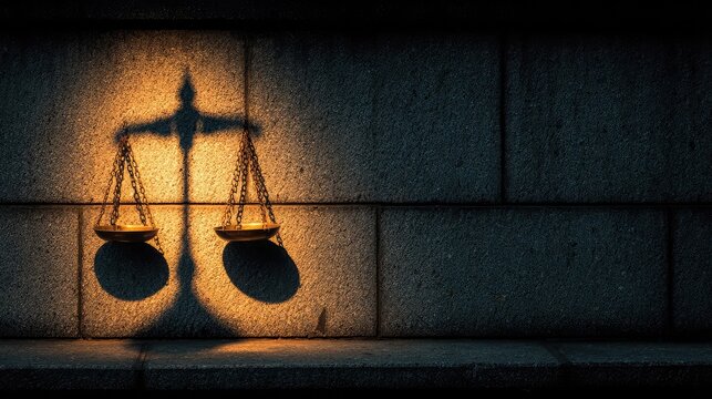Justice scale shadow cast over courthouse wall symbolizes authority fairness ethics legal governance accountability protection responsibility law transparency order structure