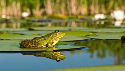 A Vibrant Green Frog Resting Peacefully on a Lily Pad in a Tranquil Pond