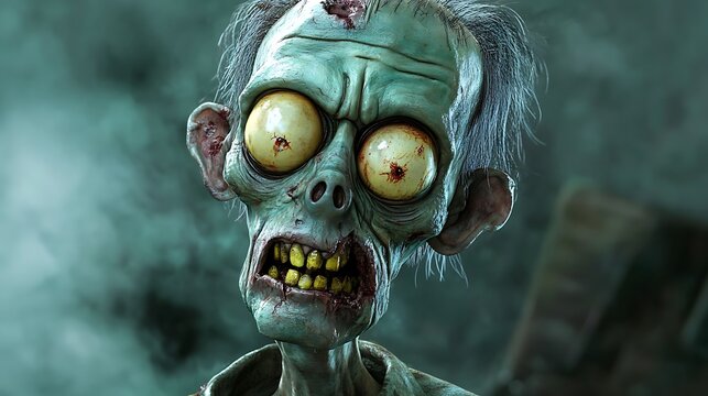 Creepy closeup photo depicting a disturbing zombie with gruesome facial features and yellow teeth