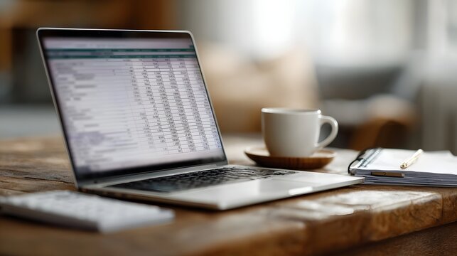 Budgeting spreadsheet open on laptop in organized workspace