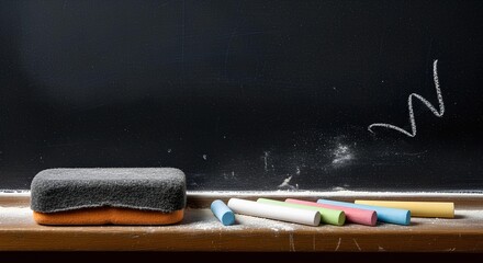 Traditional classroom blackboard with vibrant chalk and an eraser, symbolizing education, learning, and a fresh start for creative ideas and academic pursuits