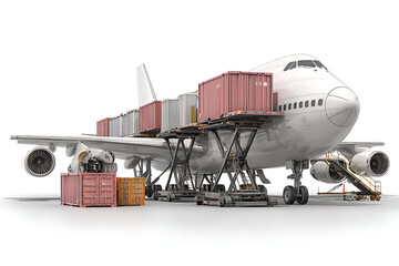 Cargo plane being loaded with shipping containers, ready for global transportation and logistical operations, efficient air freight deliveries, international business