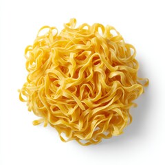 A top-down shot of fresh, uncooked egg noodles in a swirling, golden arrangement