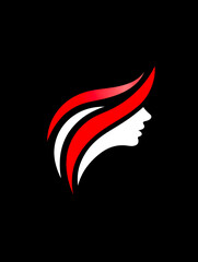 Obraz premium Abstract graphic icon of a woman's profile with stylized red and white hair on a solid black background.