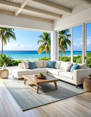 Naklejka premium L-shaped sofa in a bright room overlooking a tropical beach