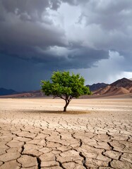 Lone Tree in Desert, Stormy Sky