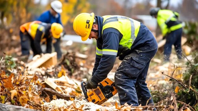 Arborists using chainsaw in forest Tree cutting Woodcutter in action Safety equipment.