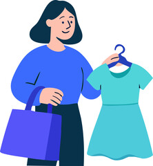 This illustration shows a smiling woman holding a shopping bag in one hand and a turquoise dress on a hanger in the other, symbolizing shopping or fashion retail.