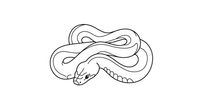 A black and white line art illustration of a coiled snake, depicted in a simple, clean style on a white background.