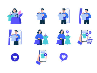 This illustration sheet features various flat-style shopping and e-commerce icons, including people holding clothes, shopping bags, fitting room scenes, mobile shopping apps, carts, and heart icons.
