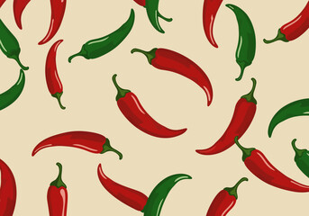 Red and Green Chili Peppers Seamless Pattern on Beige Background.