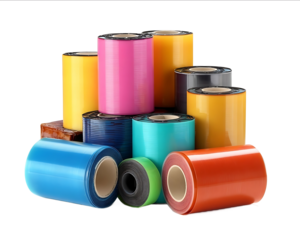 Colorful film rolls and photographic film on a white background isolated