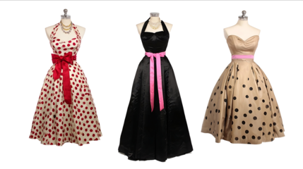 3 vintage rockabilly dresses on mannequins isolated on a white background The first dress is a vintage polka dot dress with a red bow and pearls The second dr