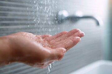Fototapeta premium A hand is held under running water from a faucet with a tiled wall in the background