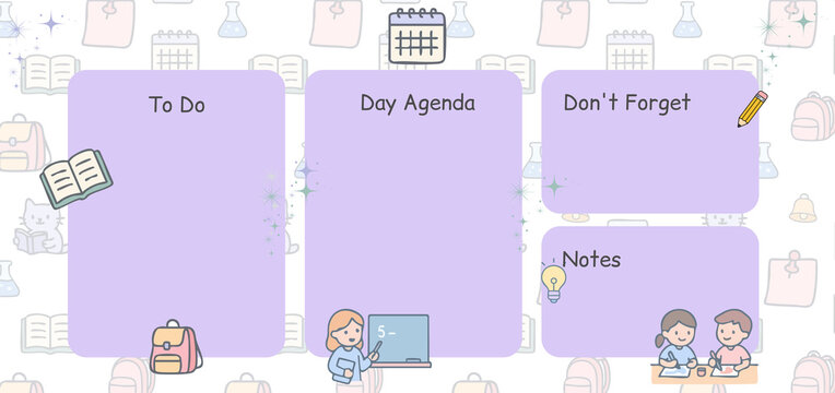 This image is a cute pastel daily agenda template with four sections labeled "To Do," "Day Agenda," "Don't Forget," and "Notes," decorated with school-themed doodles like books, backpacks, pencils, an