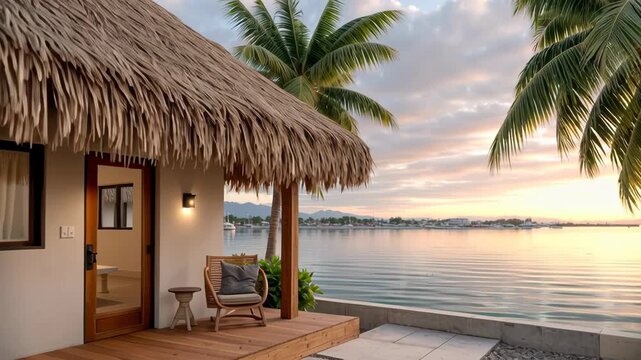 Cozy tropical house features a thatched roof, overlooking calm water and palm trees at sunset
